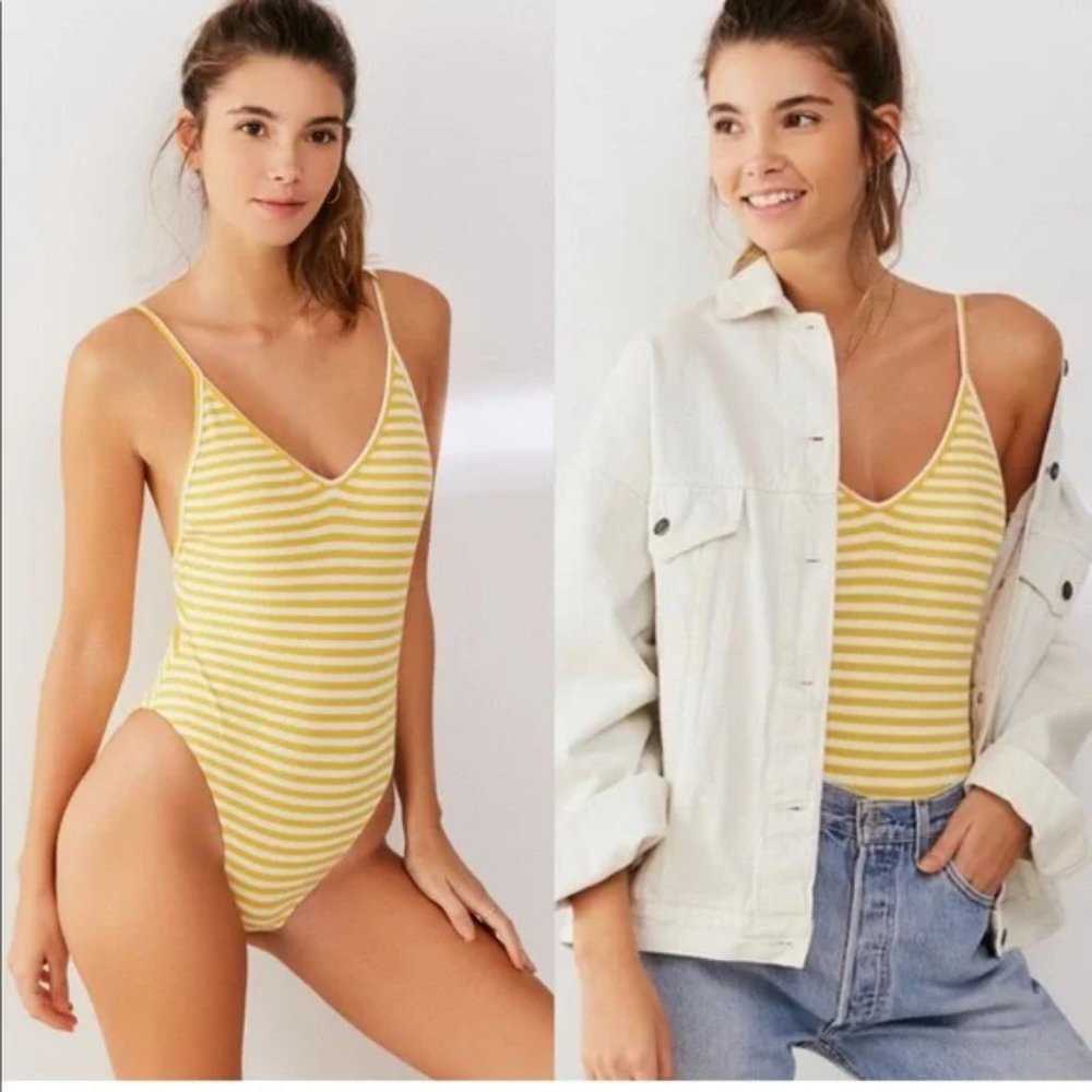 Out From Under Urban Outfitters Yellow Stripe Ribbed Bodysuit